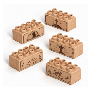 Set of five custom engraved wooden bricks with Easter icon designs including cross, tomb, sunrise, and crown of thorns