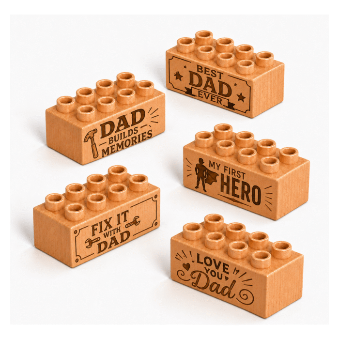 Engraved 2x4 Wooden Brick Set – Fatherhood Phrases Set of five custom engraved wooden bricks with dad phrase designs including "Dad Builds Memories," "Best Dad Ever," "My Hero," "Fix It With Dad," and "Love You Dad"