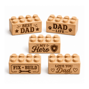 Set of five custom engraved wooden bricks with Father's Day phrase designs including "Best Dad," "Dad Life," "My Hero," "Fix & Build," and "Love You Dad"
