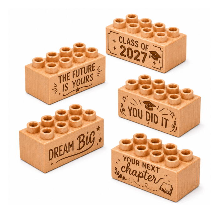 Engraved Wooden Brick Set – Graduation Phrases Set of five custom engraved wooden bricks with graduation phrase designs including "The Future Is Yours," "Class of 2027," "Dream Big," "You Did It," and "Your Next Chapter"