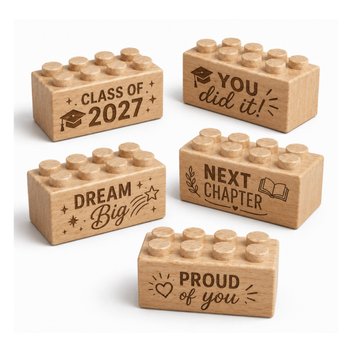 Engraved Wooden Brick Set – Graduation Milestones Set of five custom engraved wooden bricks with graduation phrase designs including "Class of 2027," "You Did It!," "Dream Big," "Next Chapter," and "Proud of You"