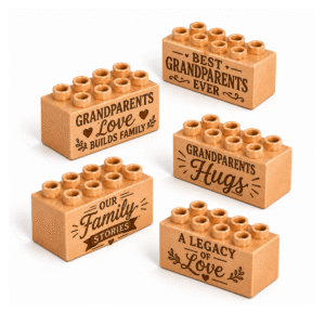 Set of five custom engraved wooden bricks with grandparents phrase designs including "Best Grandparents Ever," "Grandparents Love Builds Family," "Grandparents Hugs," "Our Family Stories," and "A Legacy of Love"
