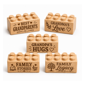 Set of five custom engraved wooden bricks with grandparents phrase designs including "Best Grandparents," "Grandma's Love," "Grandpa's Hugs," "Family Stories," and "Family Legacy"