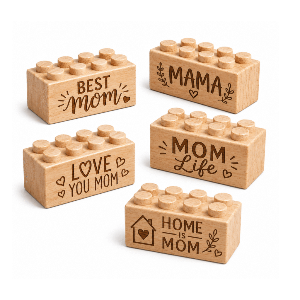 Set of five custom engraved wooden bricks with Mother's Day phrase designs including "Best Mom," "Mama," "Love You Mom," "Mom Life," and "Home Is Mom"