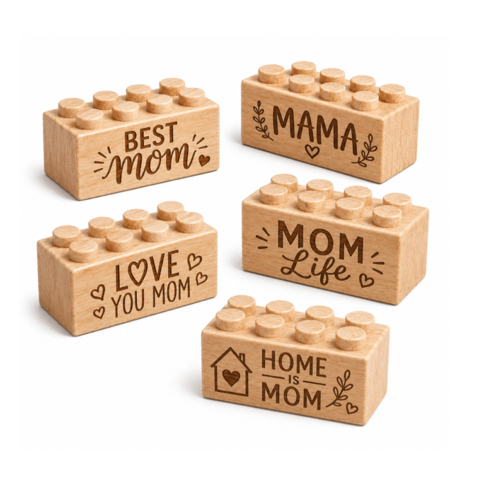 Engraved 2x4 Wooden Brick Set – Mother's Day Phrases 2 Set of five custom engraved wooden bricks with Mother's Day phrase designs including "Best Mom," "Mama," "Love You Mom," "Mom Life," and "Home Is Mom"