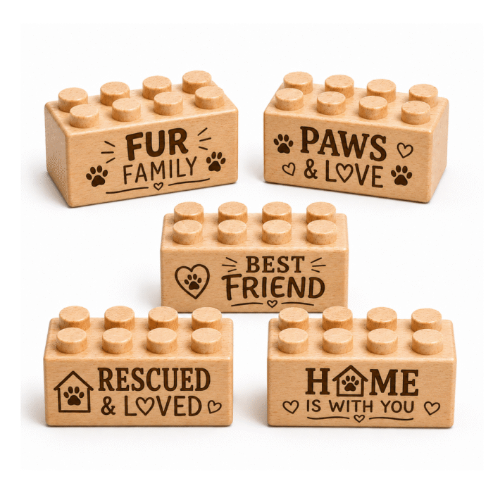 Engraved 2x4 Wooden Brick Set – Pet Family Phrases 2 Set of five custom engraved wooden bricks with pet phrase designs including "Fur Family," "Paws & Love," "Best Friend," "Rescued & Loved," and "Home"