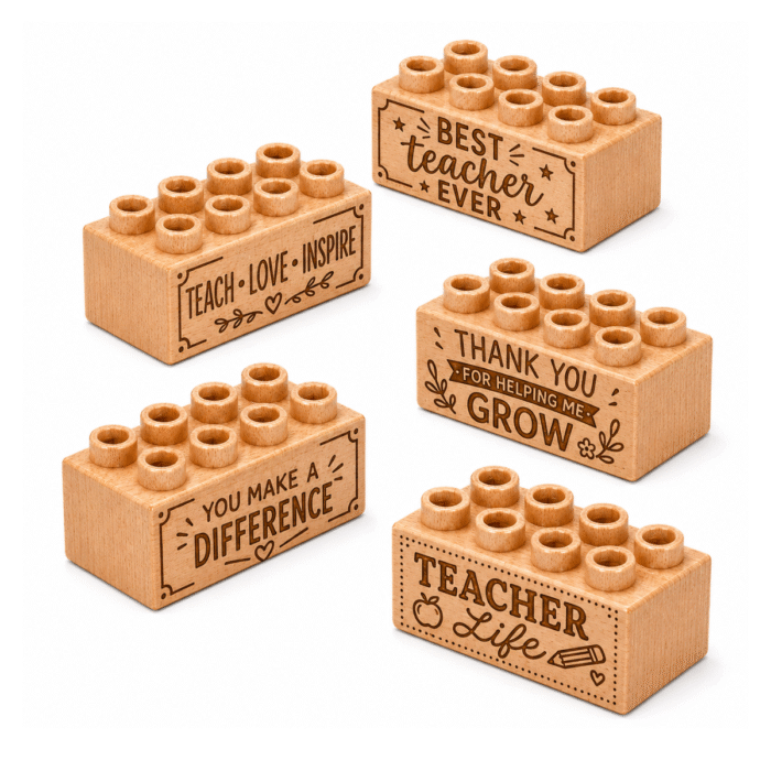 Engraved 2x4 Wooden Brick Set – Teacher Phrases Set of five custom engraved wooden bricks with teacher appreciation phrase designs including "Best Teacher Ever," "Teach Love Inspire," "Thank You for Helping Me Grow," "You Make a Difference," and "Teacher Life"