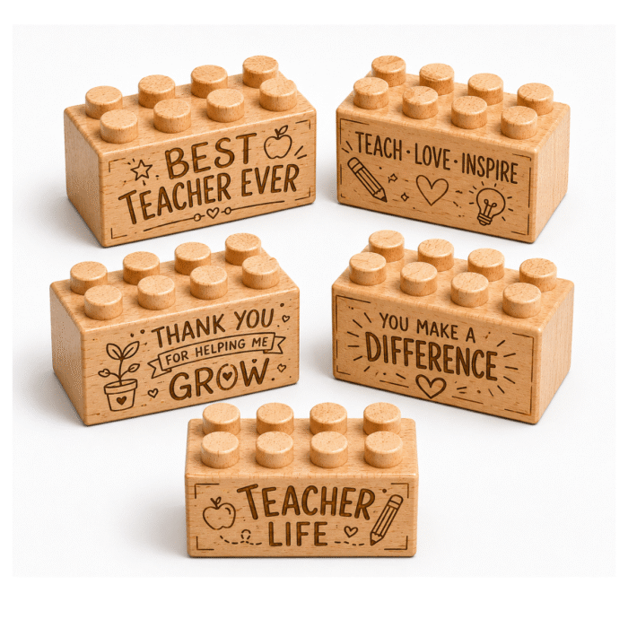 Engraved Wooden Brick Set – Teacher Appreciation Set of five custom engraved wooden bricks with teacher appreciation phrase designs including "Best Teacher Ever," "Teach Love Inspire," "Thank You for Helping Me Grow," "You Make a Difference," and "Teacher Life"