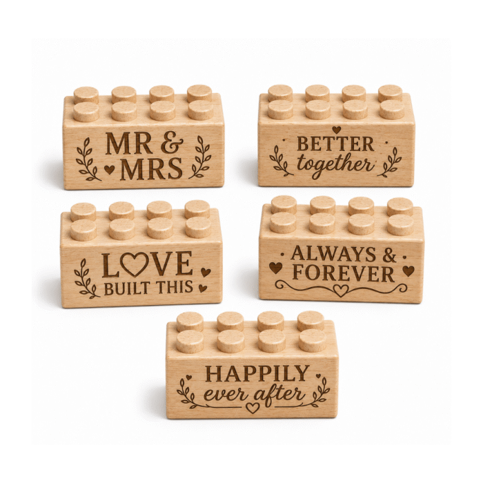 Engraved 2x2 Plus Wooden Brick Set – Mr & Mrs Phrases Set of five custom engraved wooden Plus bricks with wedding phrase designs including "Mr & Mrs," "Better Together," "Love Built This," "Always & Forever," and "Happily Ever After"