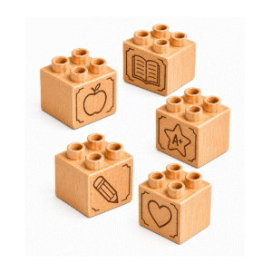 Set of five custom engraved wooden Plus bricks with teacher icon designs including apple, book, letter A, pencil, and heart