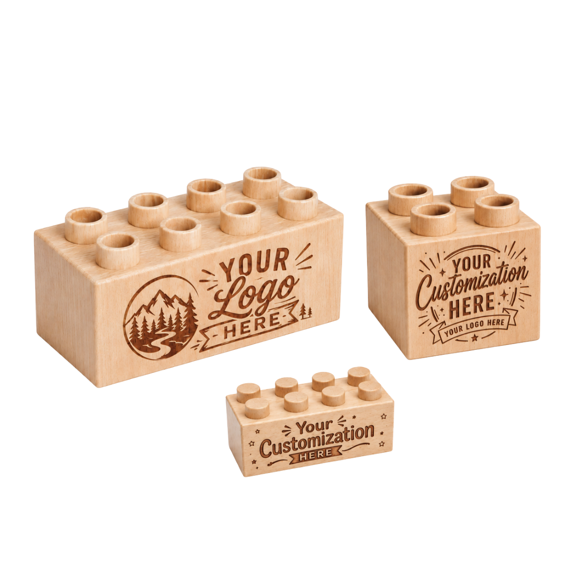 Three engraved wooden bricks in Standard 2x4, Plus 2x2, and Plus 2x4 formats.
