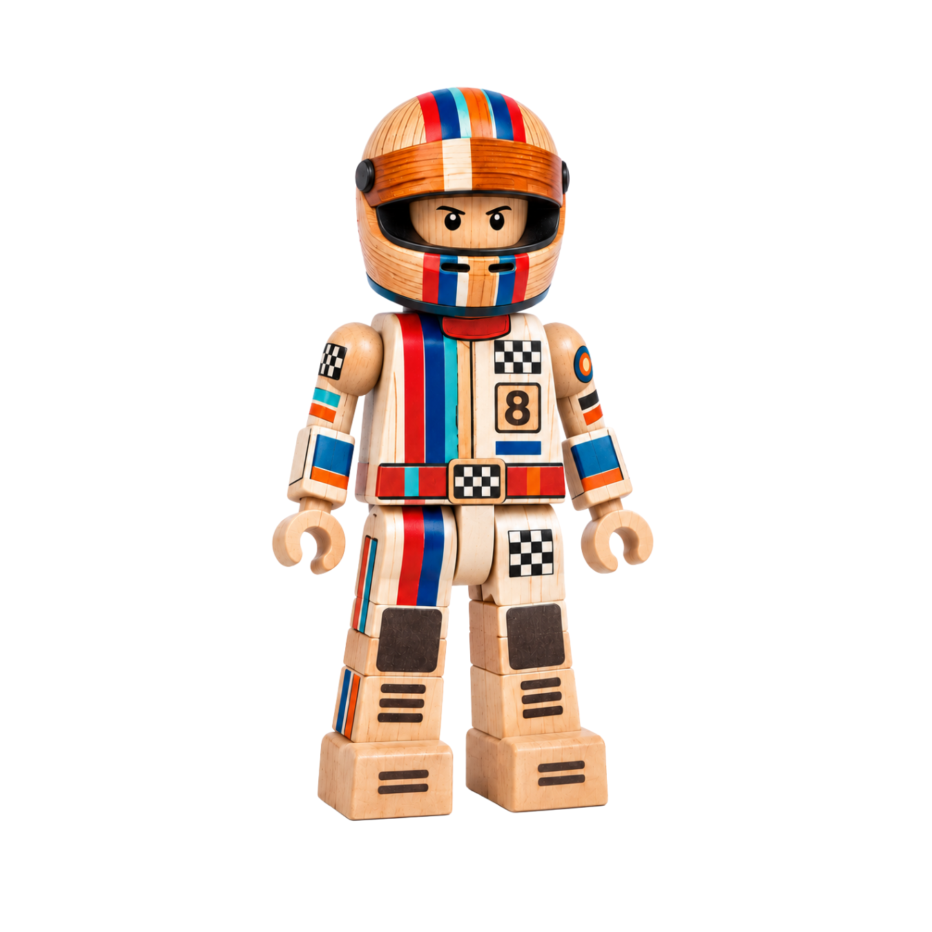 Kestrel, a wooden character wearing a striped racing helmet and a white suit with orange and blue details.