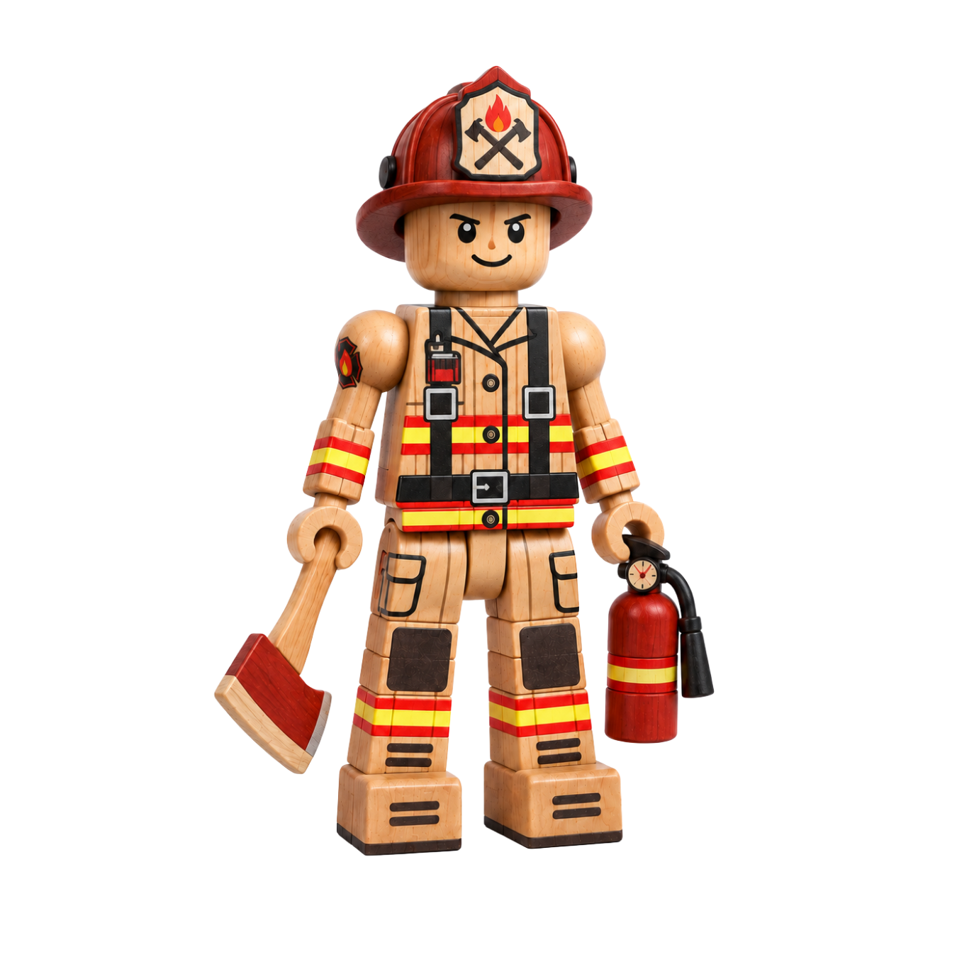 Ash, a wooden character wearing a red firefighter helmet and tan reflective gear.