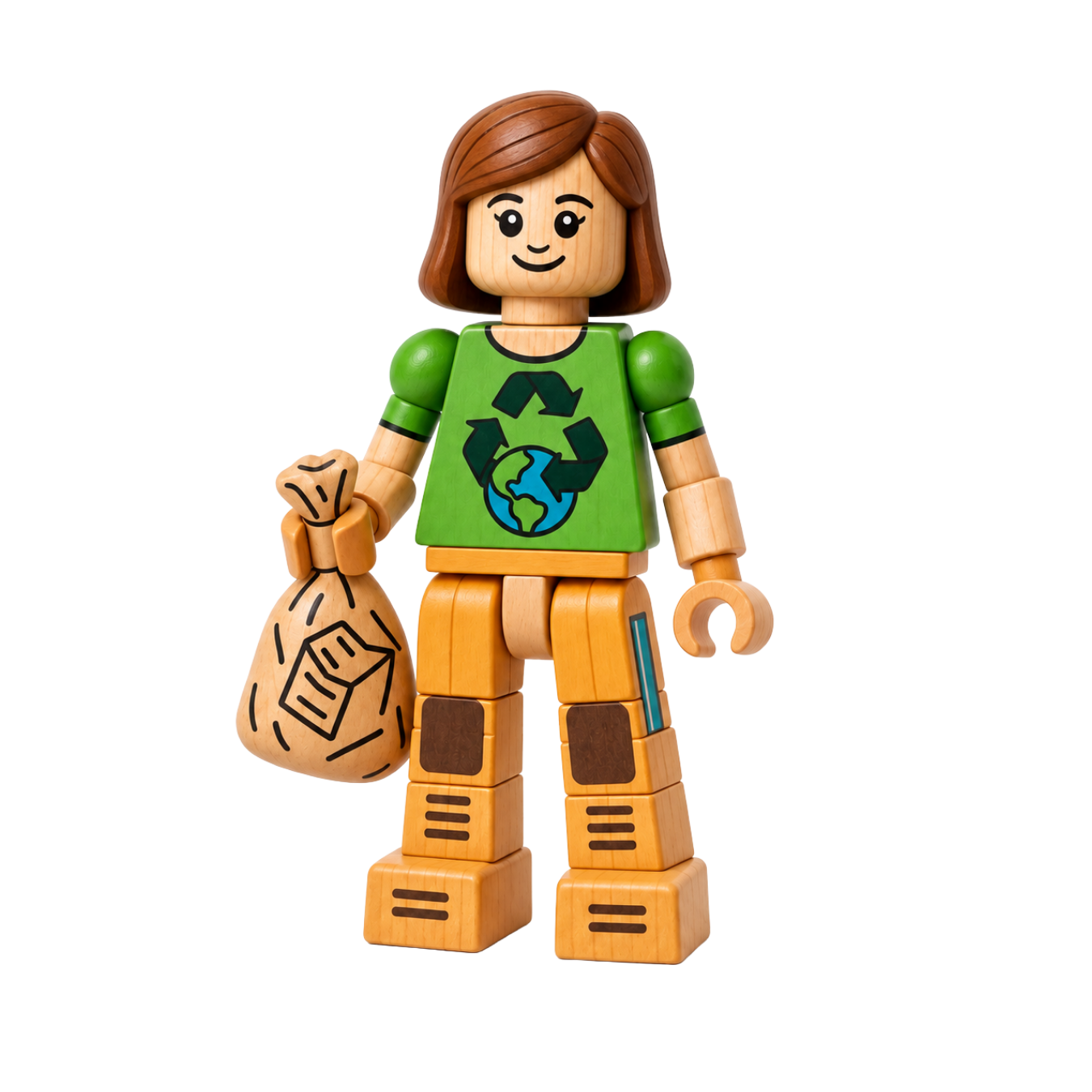 Clover, a wooden character wearing a green shirt with a recycling emblem and carrying a reusable bag.