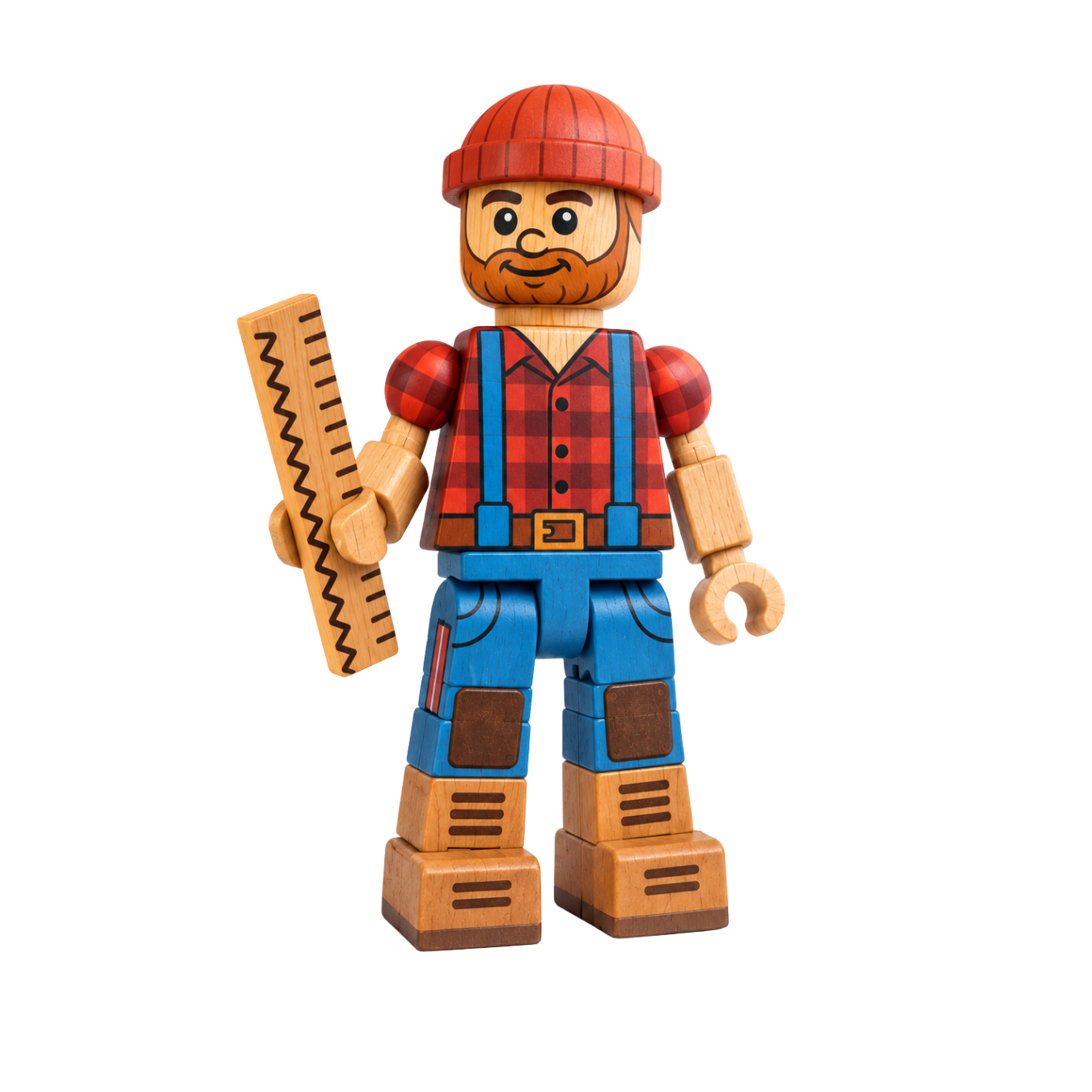Cedar, a wooden character wearing a red beanie, checked shirt, and carrying a ruler.