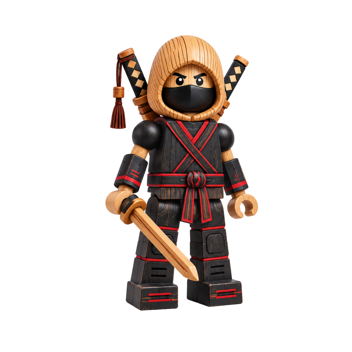 Onyx, a wooden character wearing a wood-toned hood and a black-and-red outfit.
