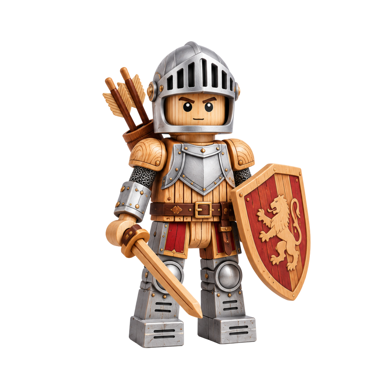 Oak, a wooden character wearing silver armor and carrying a red shield.