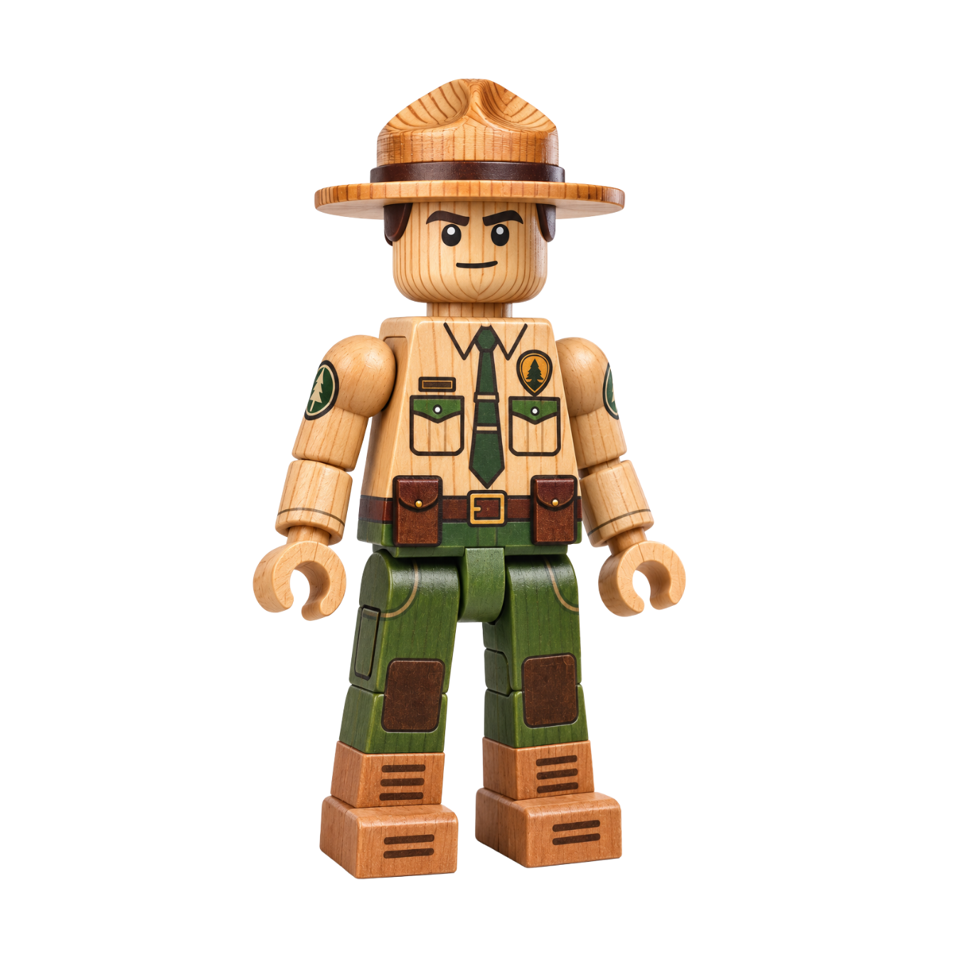 Moss, a wooden forest ranger wearing a wide-brimmed hat and tan uniform with tree badges.