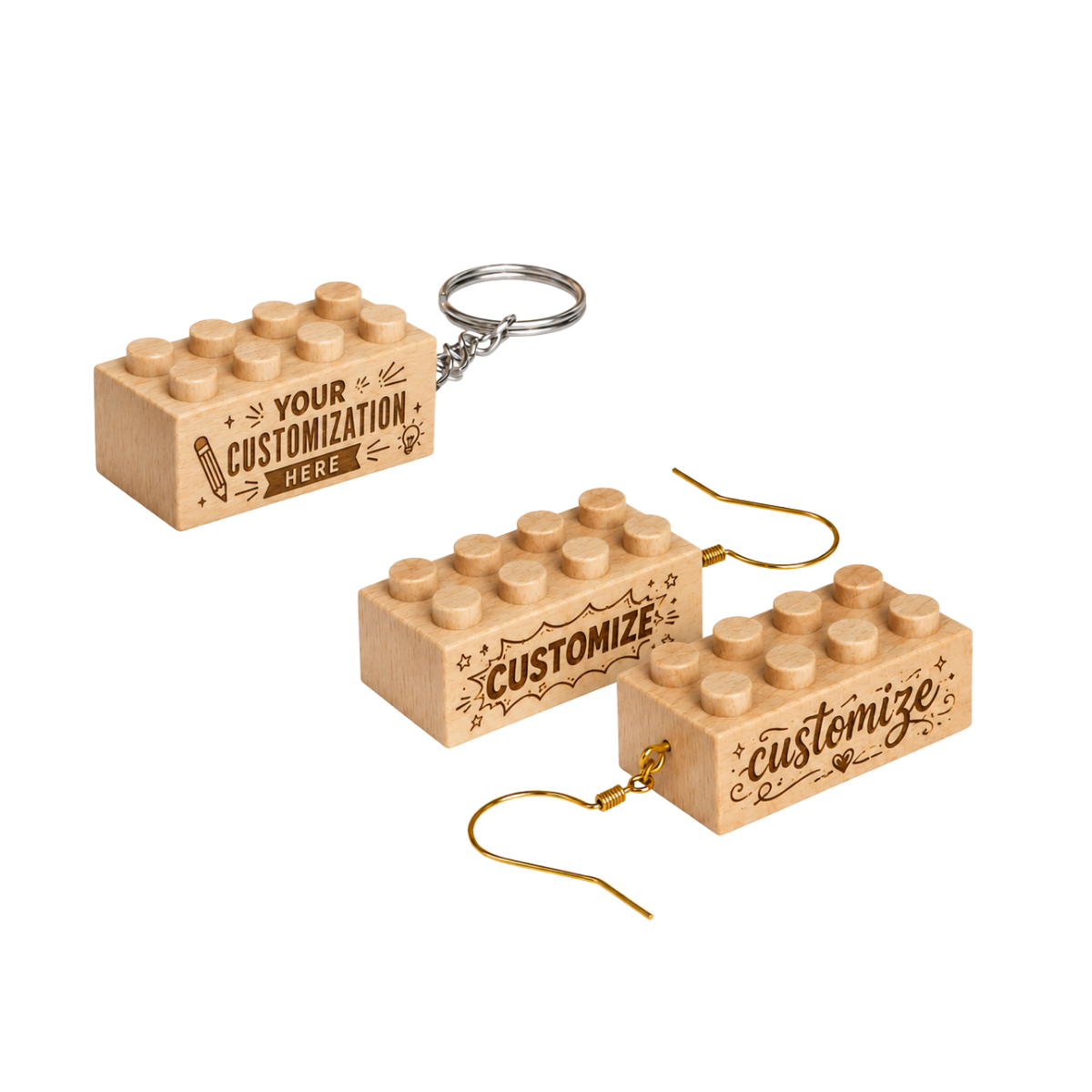 An engraved wooden brick keychain and matching wooden brick earrings with metal hooks.