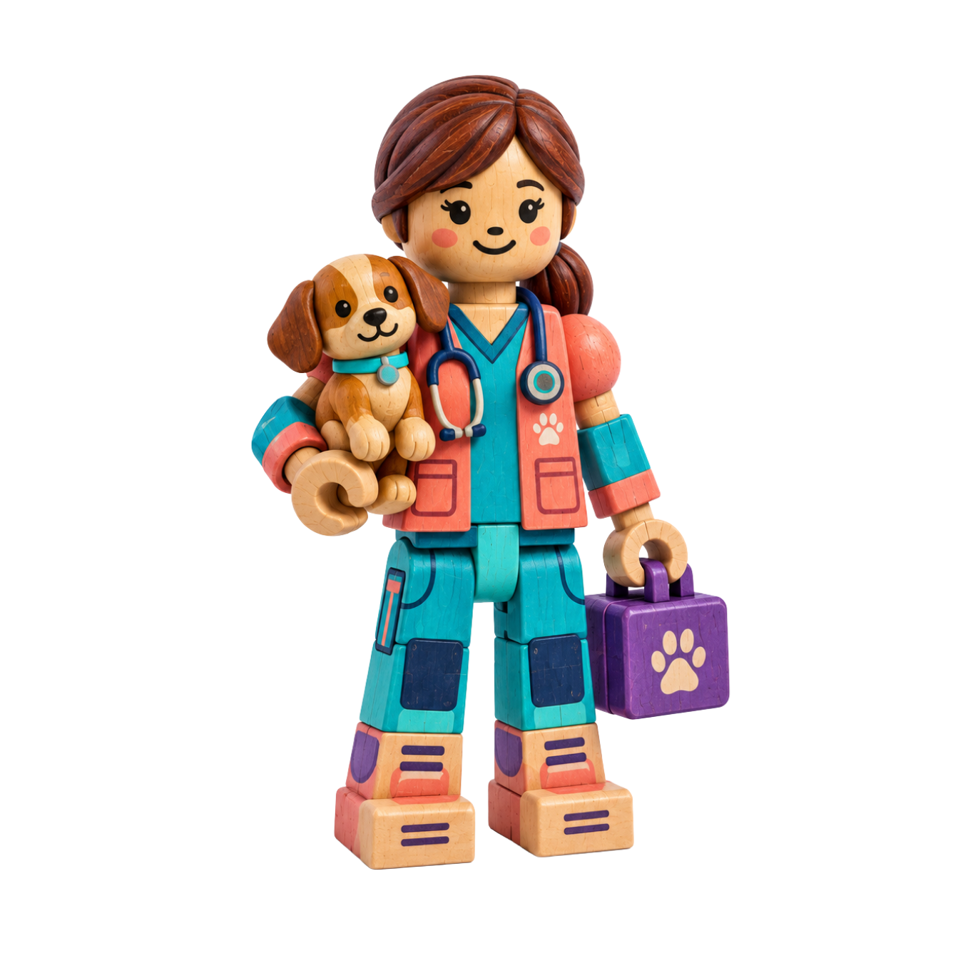 Willow, a wooden character wearing a coral jacket, teal scrubs, and holding a puppy.