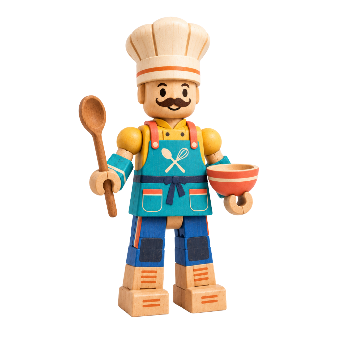 Basil, a wooden character wearing a white chef hat, teal apron, and holding a spoon and bowl.