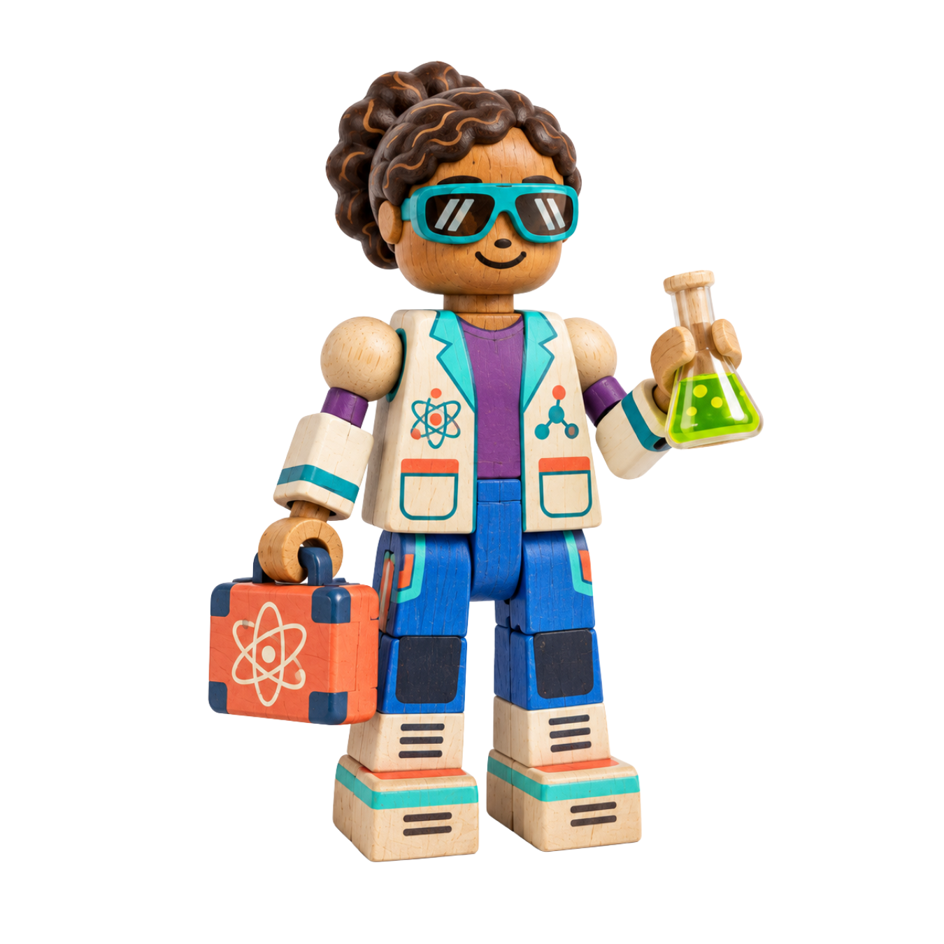 Nova, a wooden scientist with curly hair, teal goggles, a white lab coat, and a raised flask.