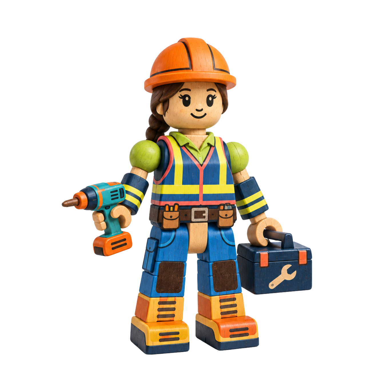 Slate, a wooden character wearing an orange hard hat, safety vest, and carrying a drill.