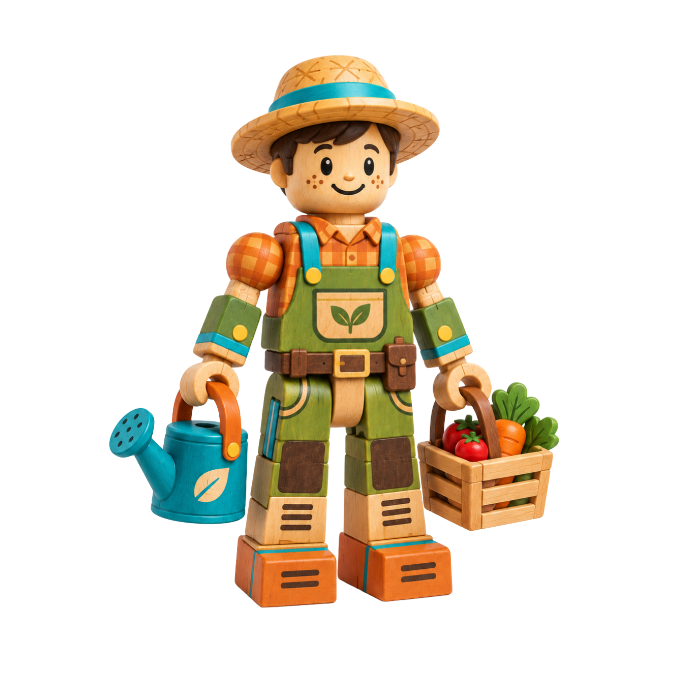 Rye, a wooden character wearing a straw hat, checked shirt, and green overalls.