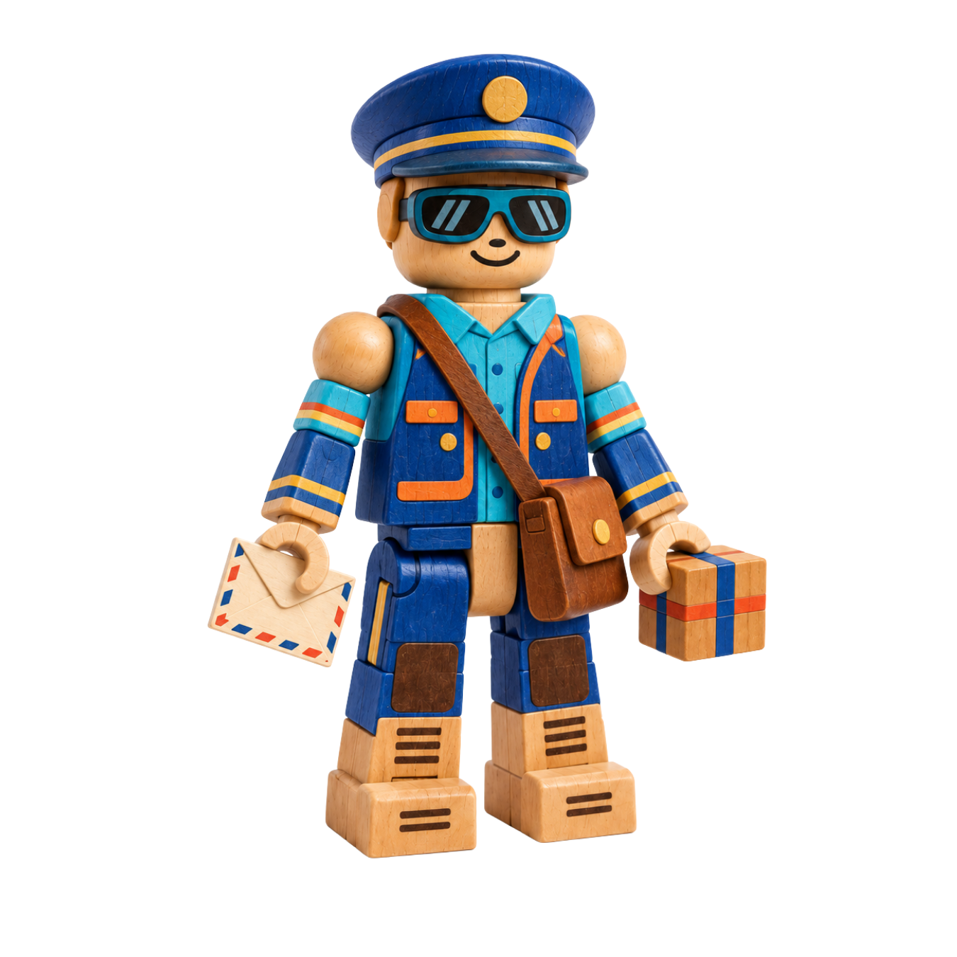 Lark, a wooden character wearing a blue cap, teal glasses, and carrying a letter and parcel.