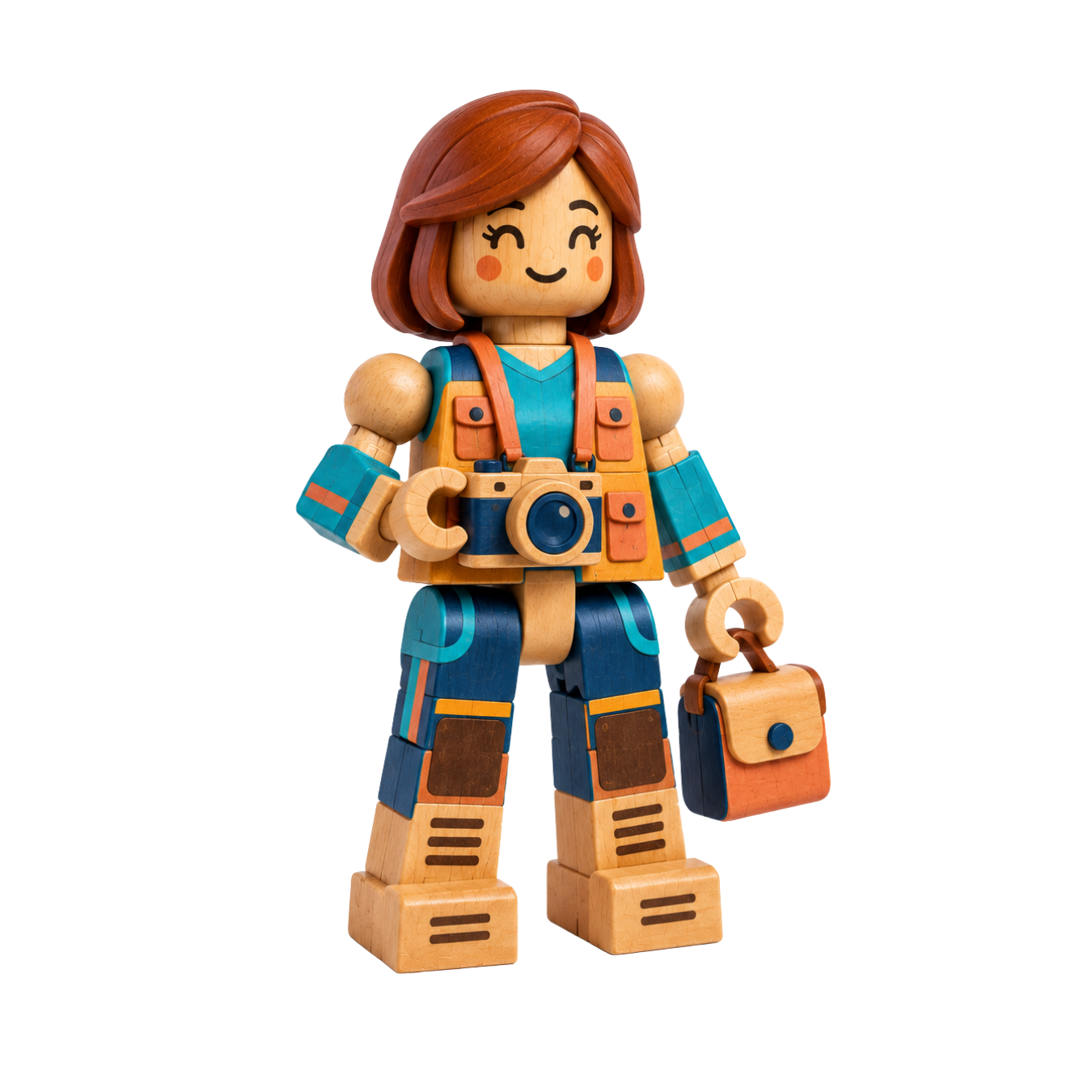 Wooden Timber Figure with a camera and travel bag.