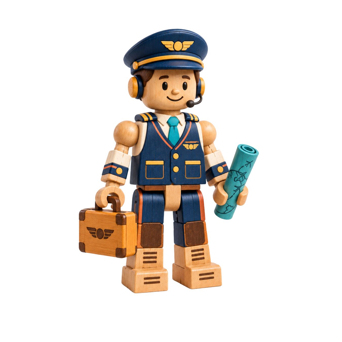 Gale, a wooden character wearing a navy pilot cap, headset, and carrying a folded map.
