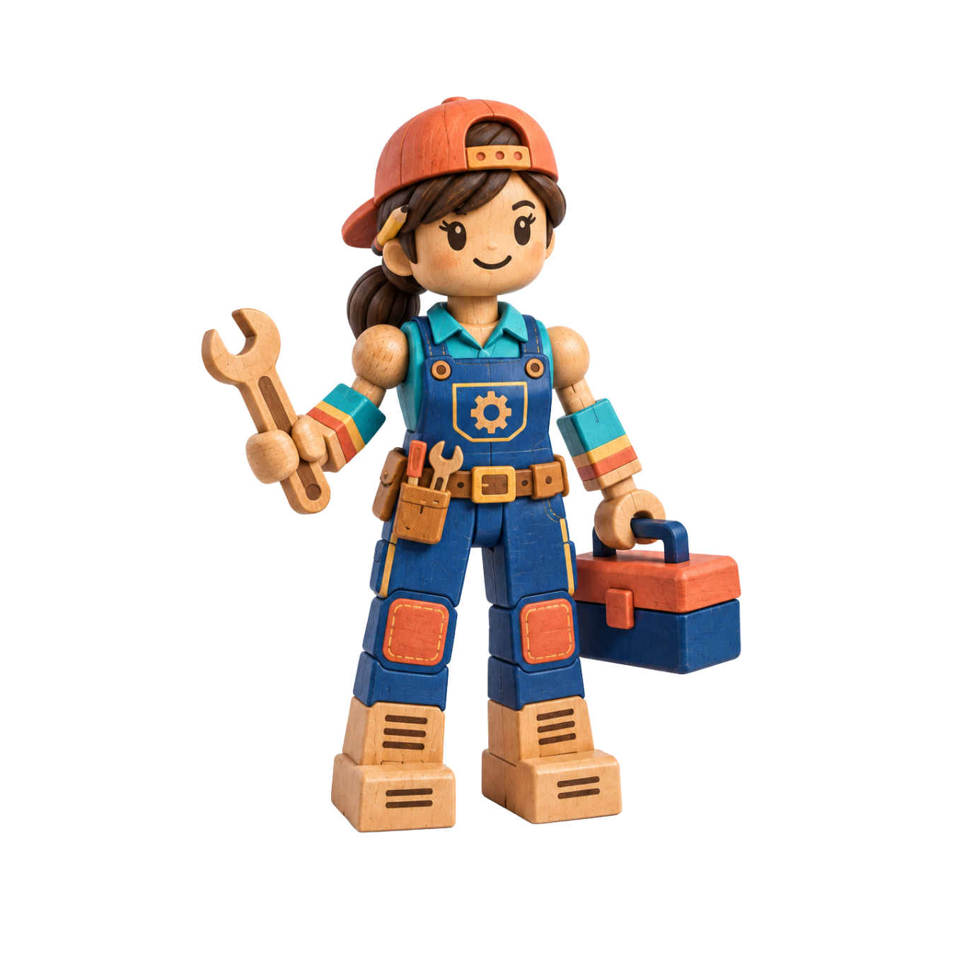 Copper, a wooden character wearing a backward orange cap, blue overalls, and holding a wrench.