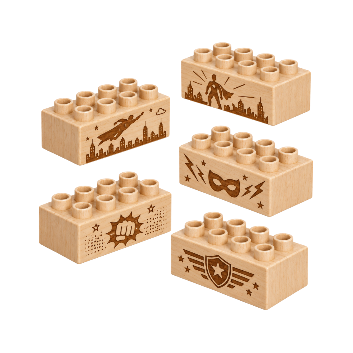 Five wooden bricks featuring superhero-inspired engravings in a coordinated gift collection.