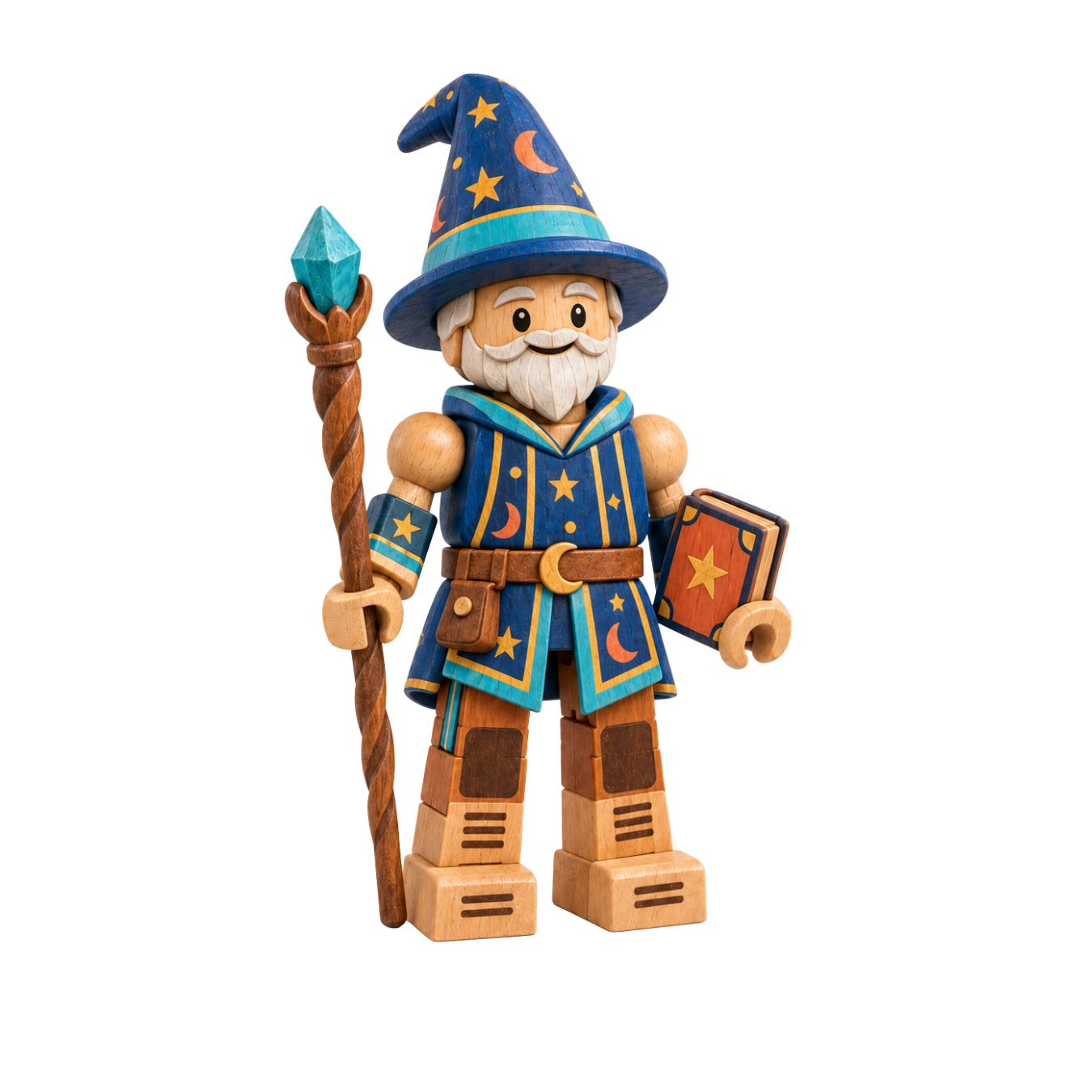 Alder, a wooden character wearing a blue pointed hat and holding a staff and book.