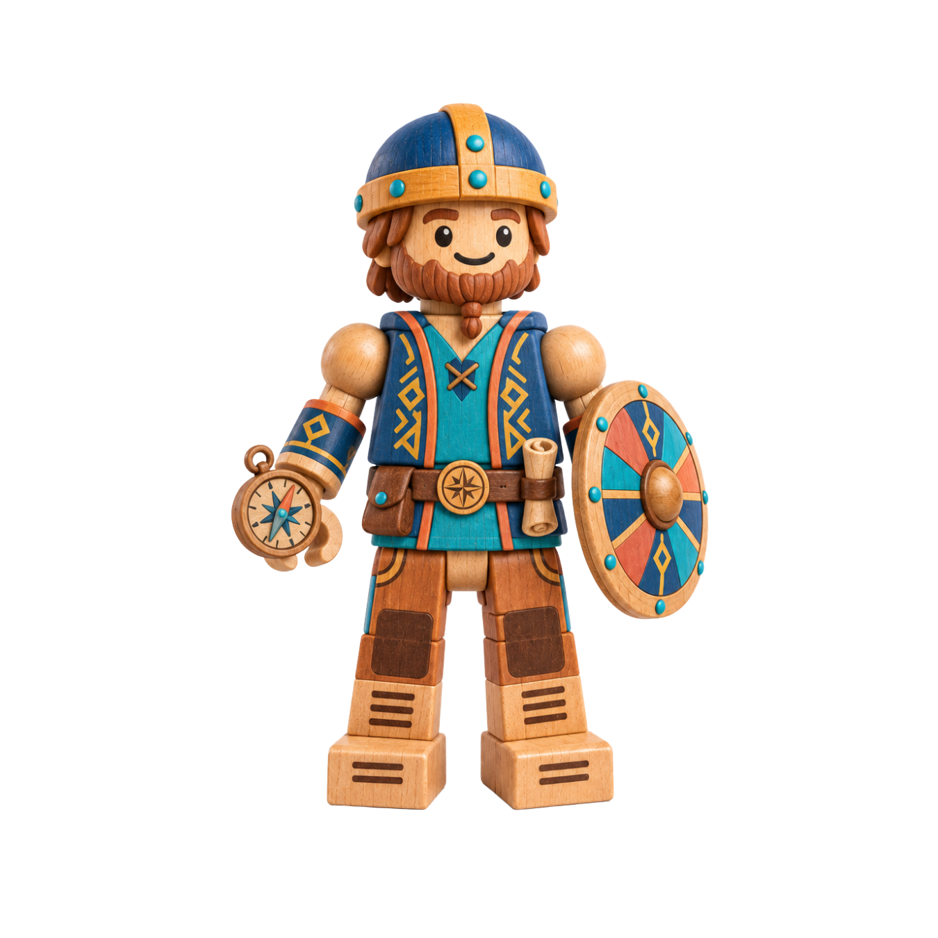 Fjord, a wooden character wearing a blue-and-gold helmet and carrying a round shield.