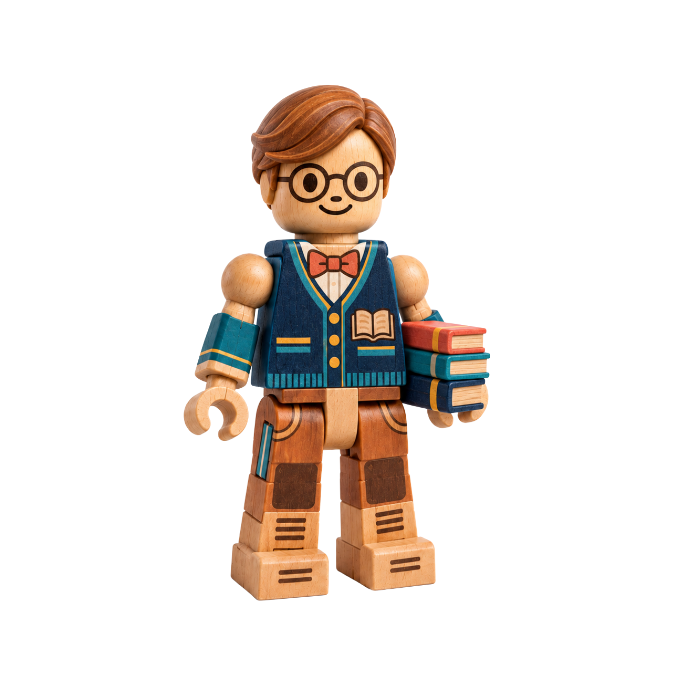 Wooden Timber Figure wearing glasses and a bow tie, holding books.