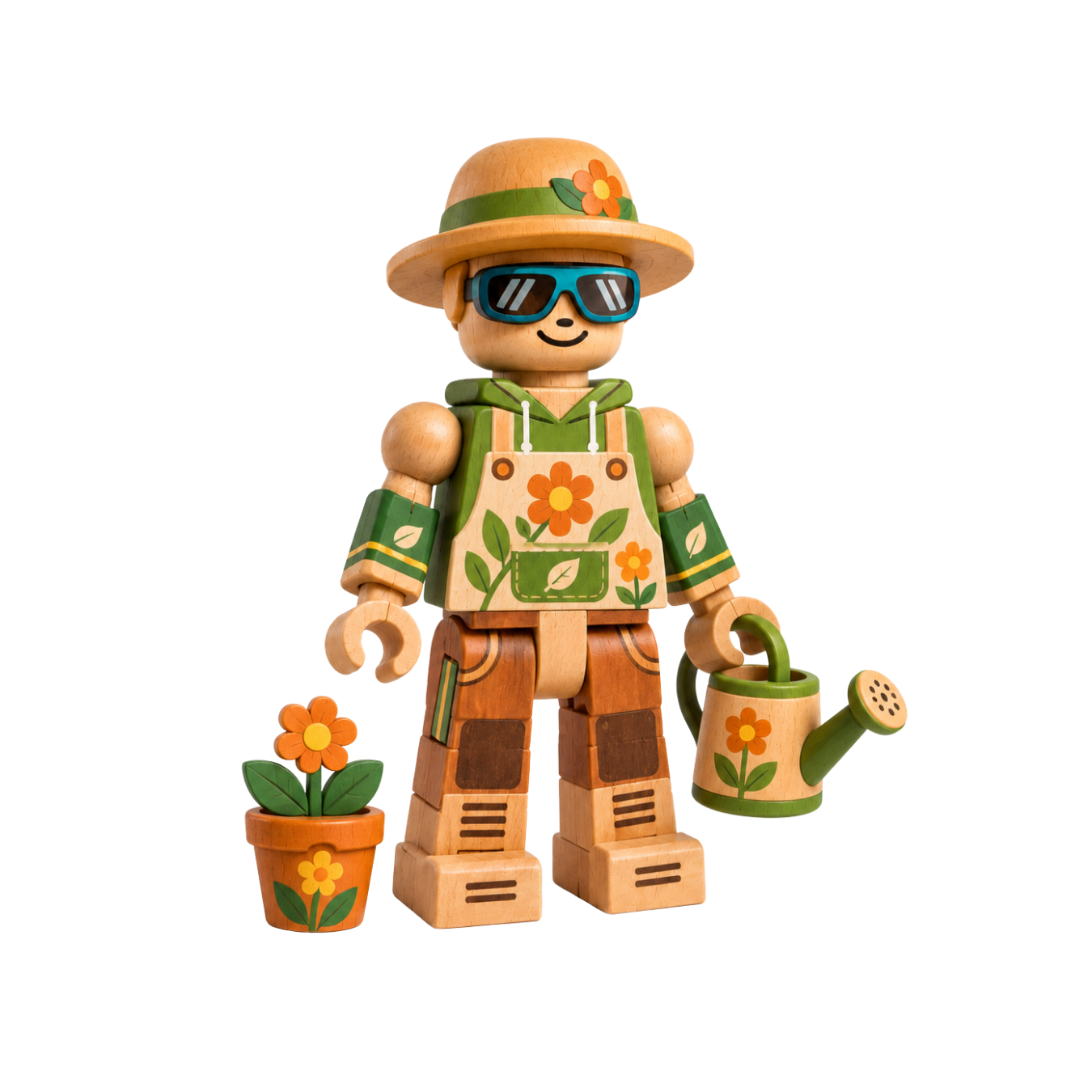 Fern, a wooden gardener wearing a flower-trimmed sun hat, teal sunglasses, and floral overalls.