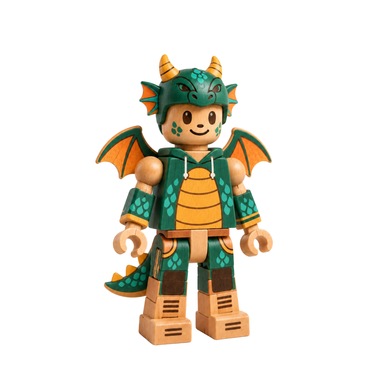 Ember, a wooden character wearing a green dragon hood with gold horns and orange wings.