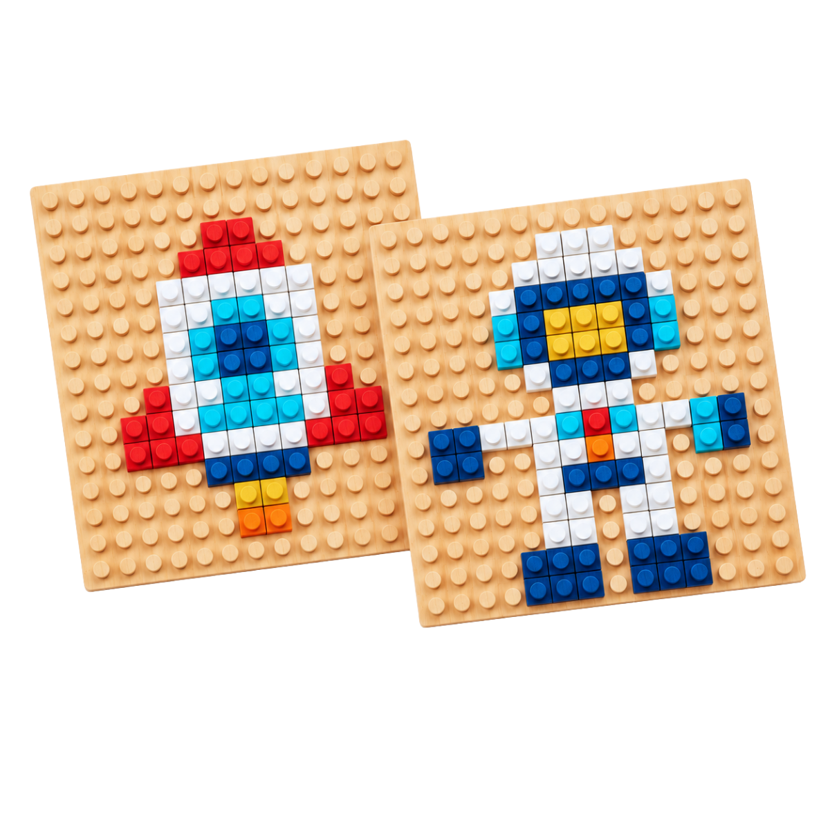 Two wooden baseplates displaying colorful mosaic designs of a rocket and an astronaut.