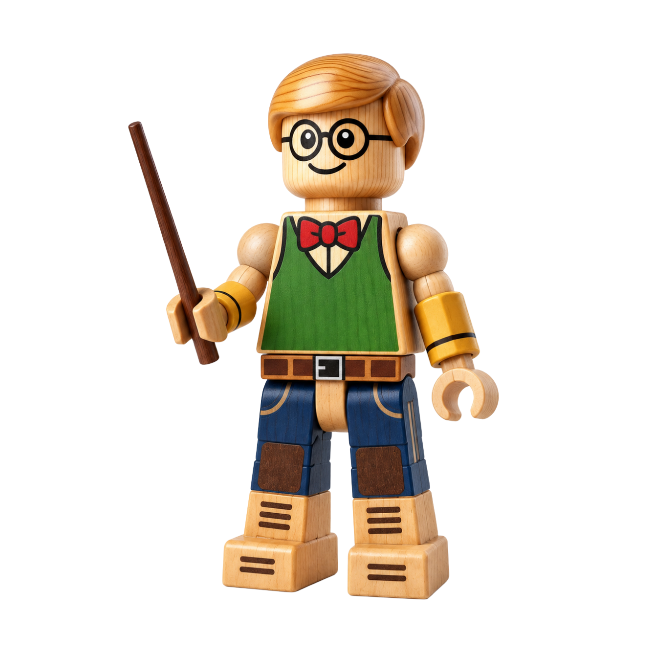 Hazel, a wooden character wearing a green vest, round glasses, and holding a wand.