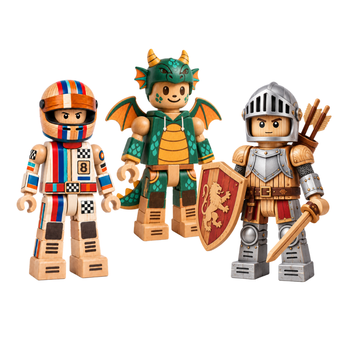 Three wooden Timber Figures dressed as a race car driver, a dragon, and a knight.