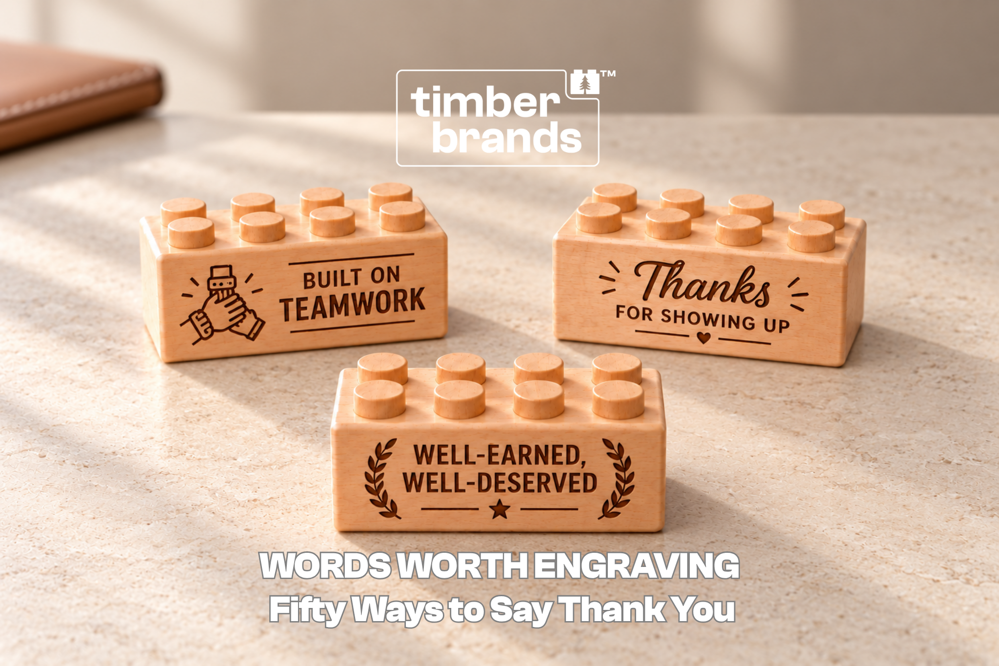 Engraved wooden bricks reading "Built on Teamwork," "Thanks for Showing Up," and "Well-Earned, Well-Deserved" for employee appreciation messages.