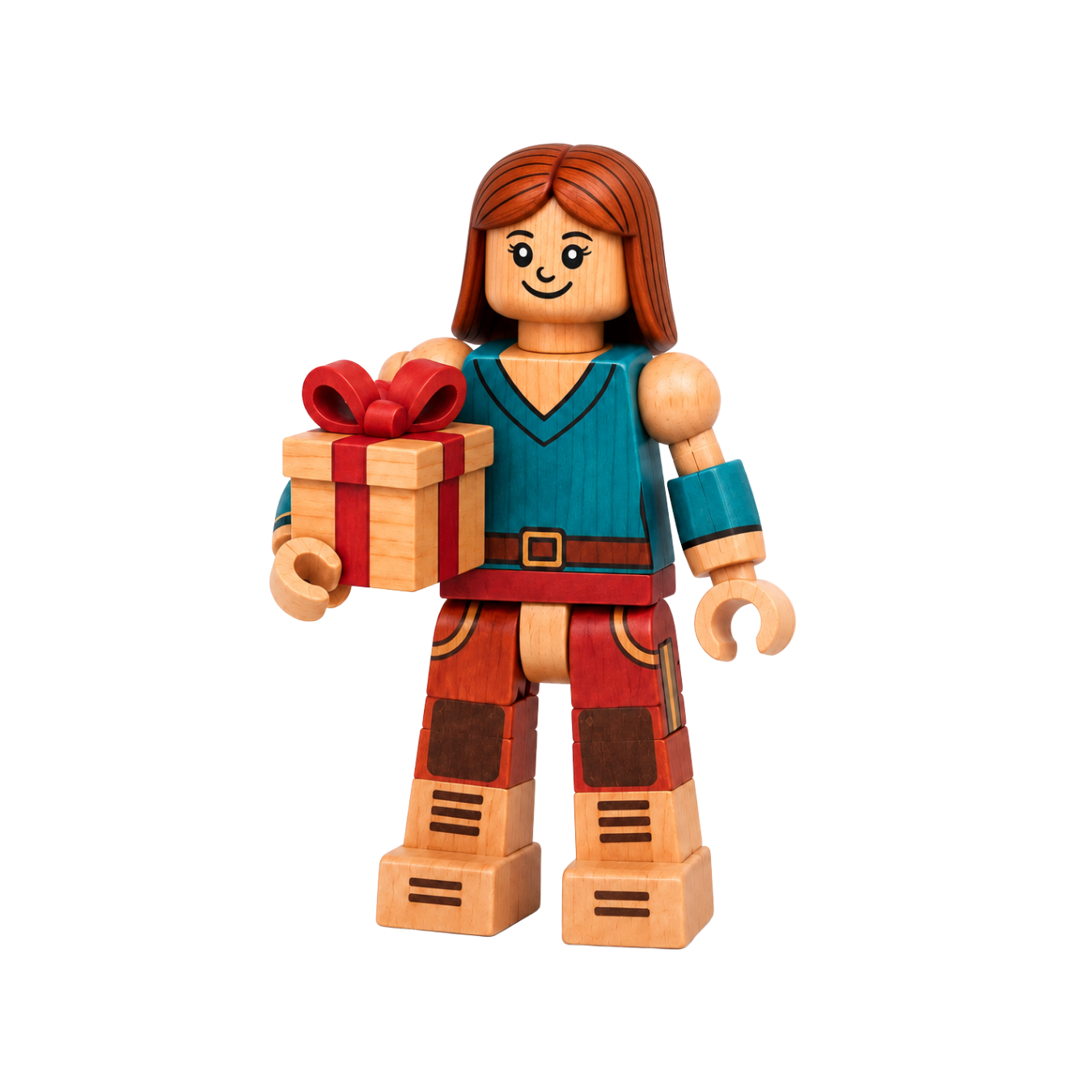 Wooden Timber Figure holding a wrapped gift with a red ribbon.