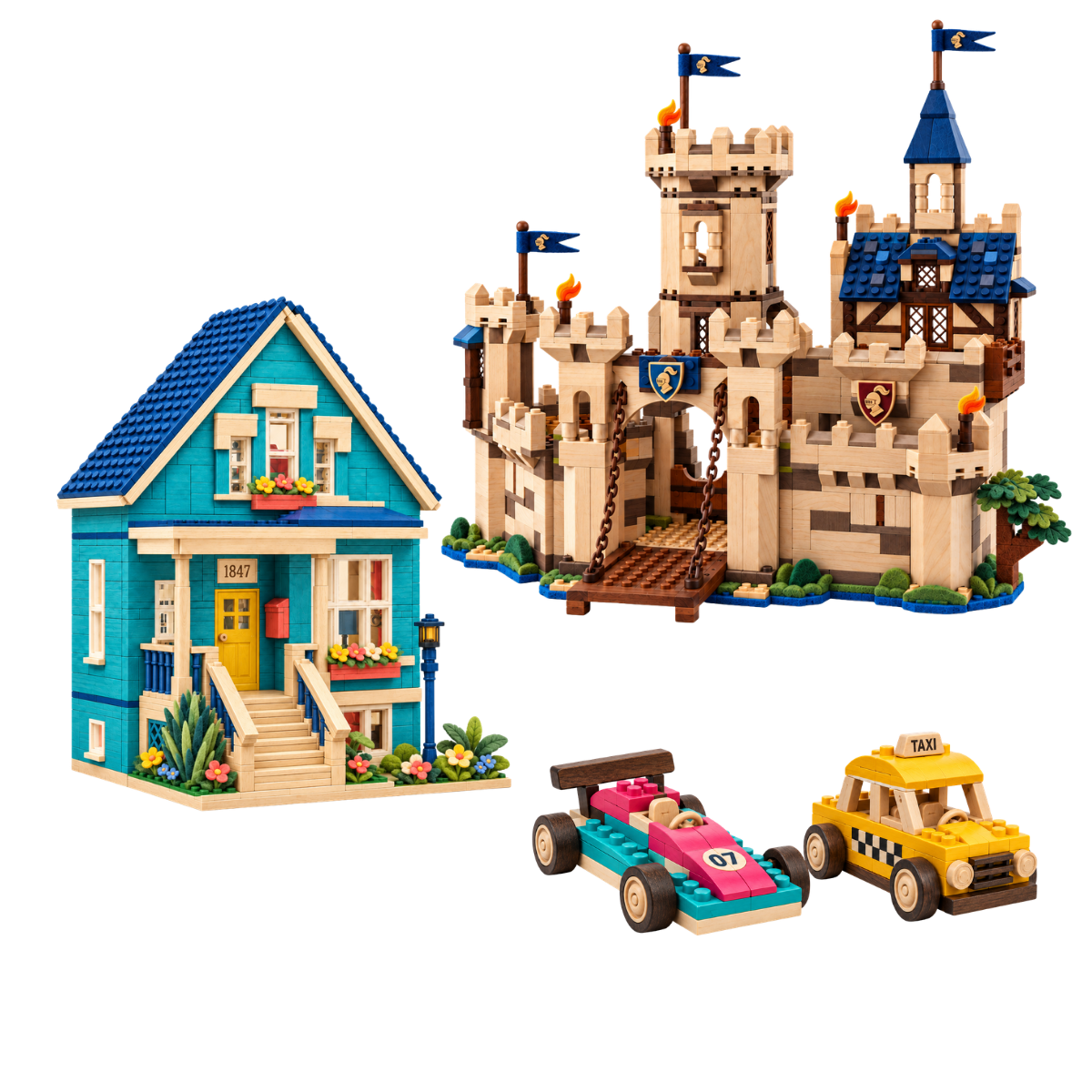 Wooden building models featuring a colorful house, a castle, a race car, and a yellow taxi.