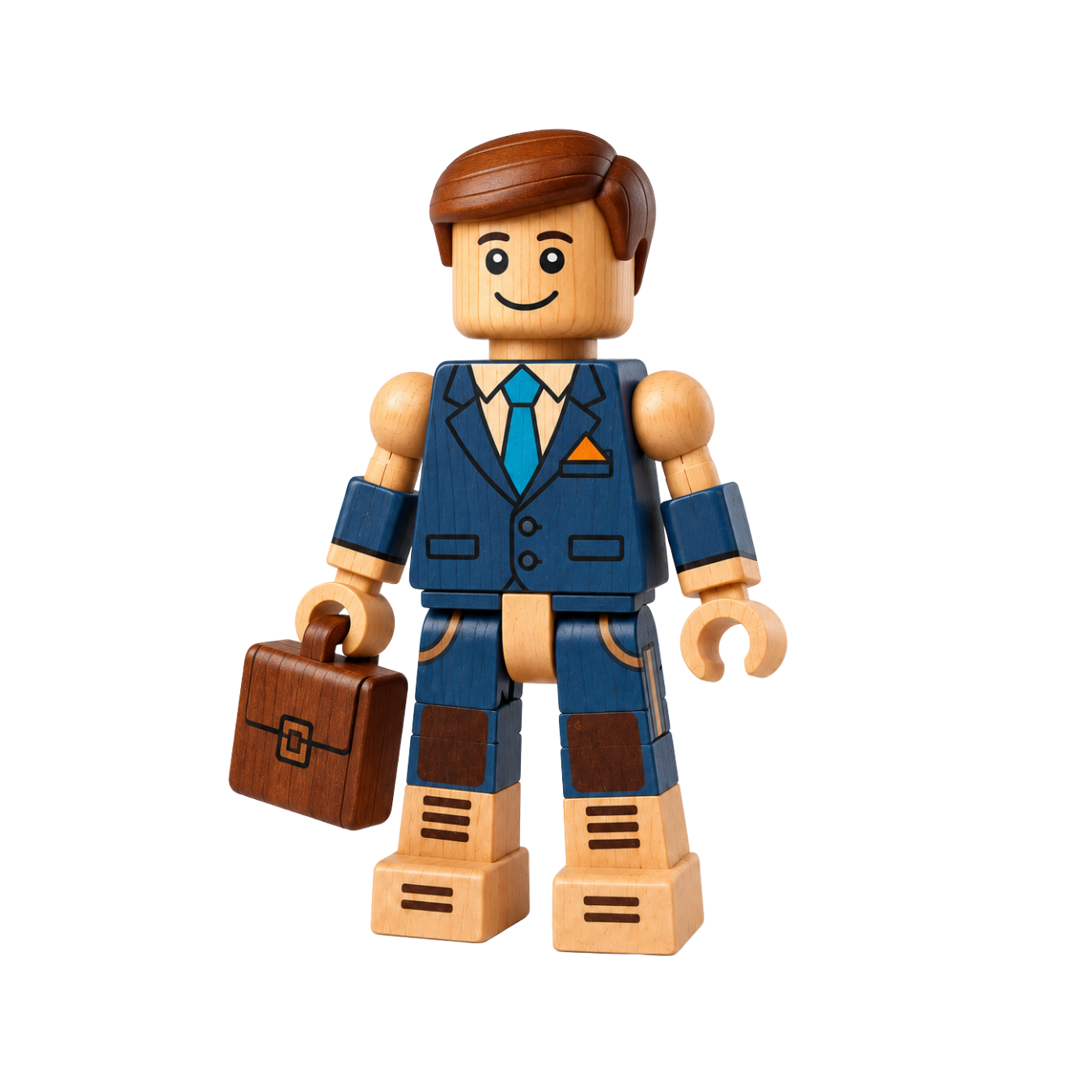 Grove, a wooden character wearing a navy suit, teal tie, and carrying a briefcase.