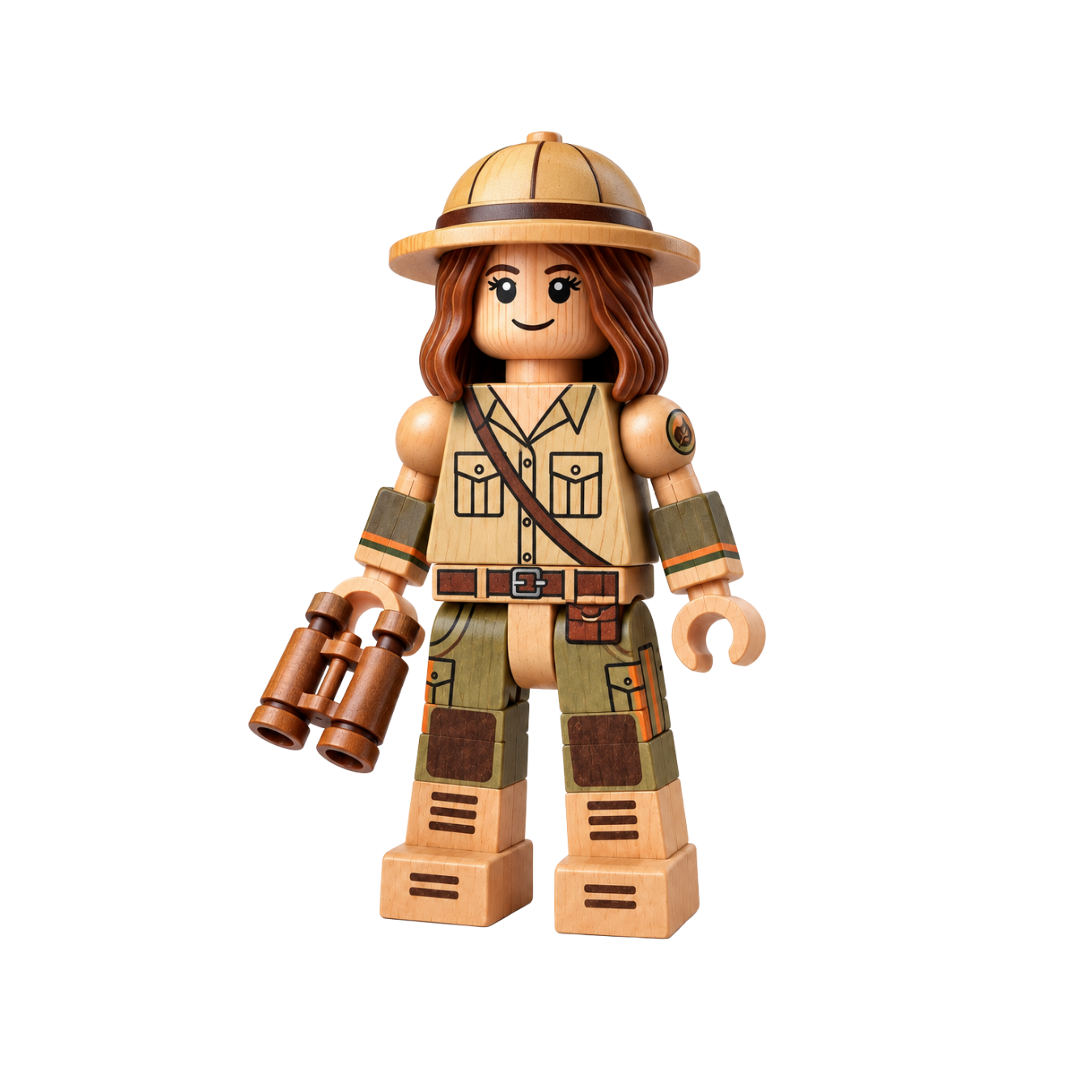 Savannah, a wooden character wearing a pith helmet, tan field outfit, and carrying binoculars.