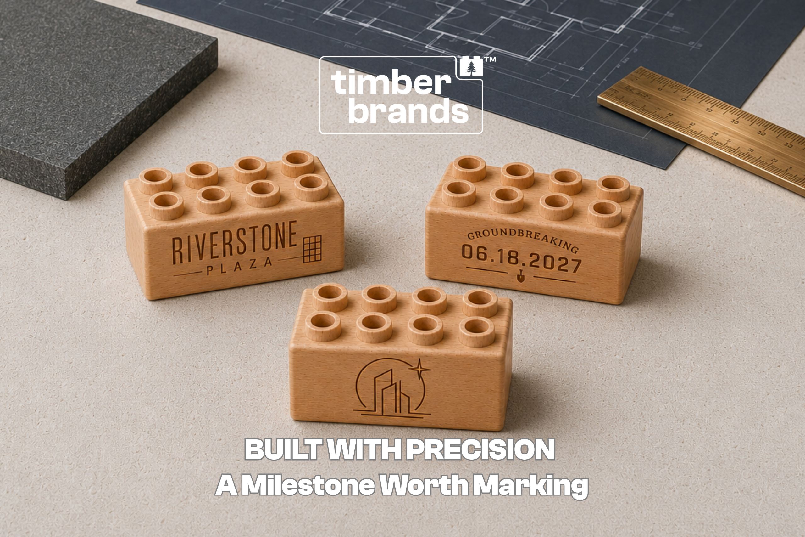 Engraved wooden bricks reading "Riverstone Plaza," "Groundbreaking 06.18.2027," and a city skyline icon for architecture and construction milestone gifts.