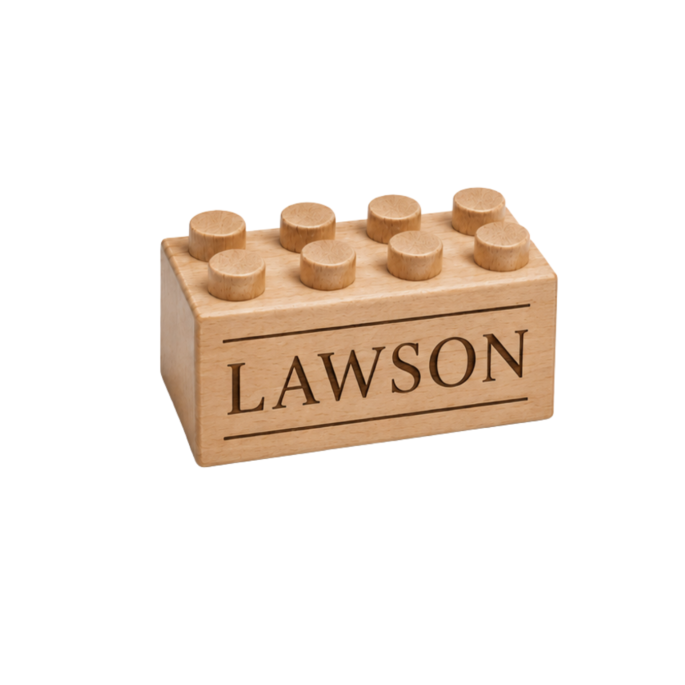 Wooden brick engraved with LAWSON inside a rectangular border