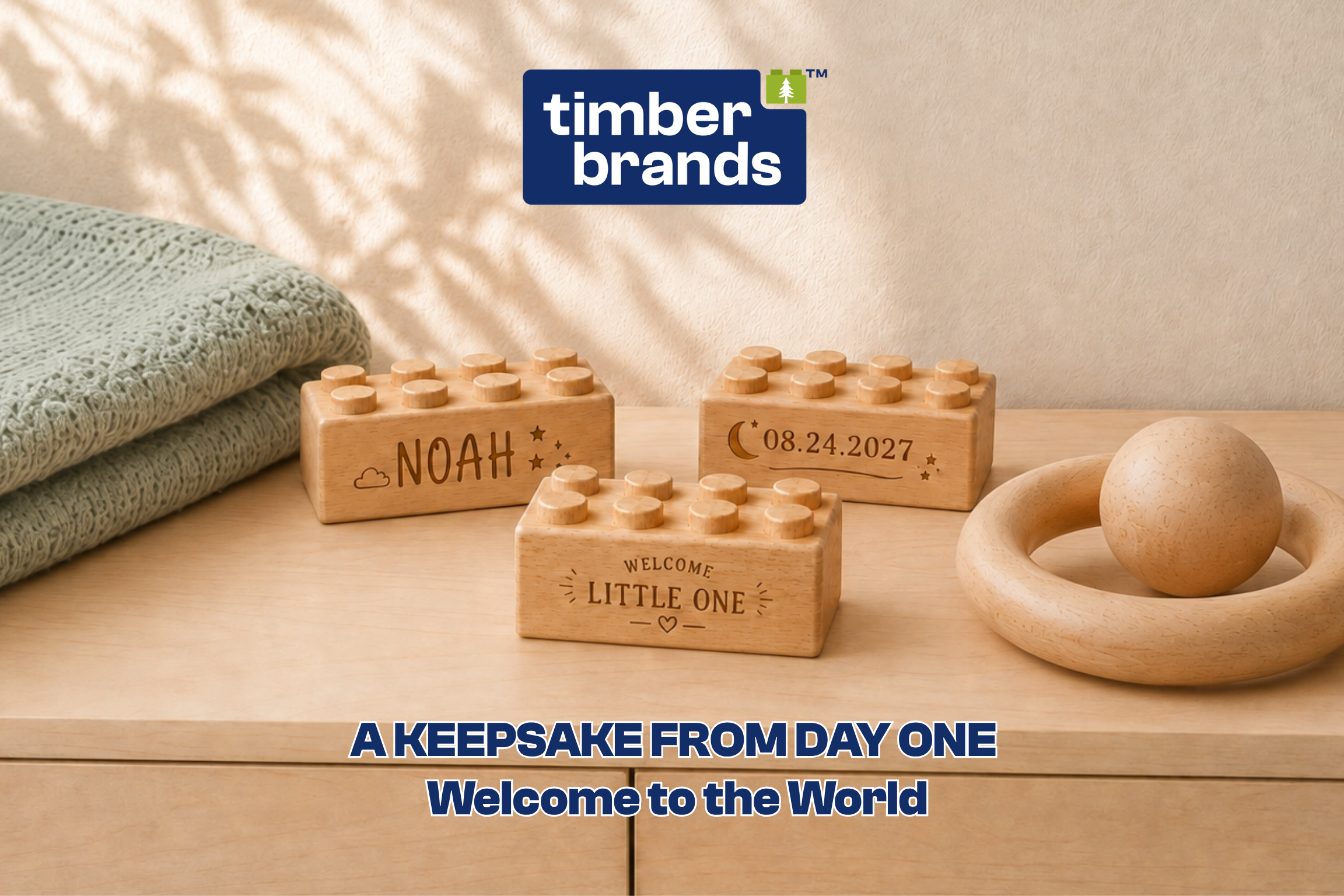 Engraved wooden bricks reading "Noah," "08.24.2027," and "Welcome Little One" for baby shower and new-baby keepsake gifts.