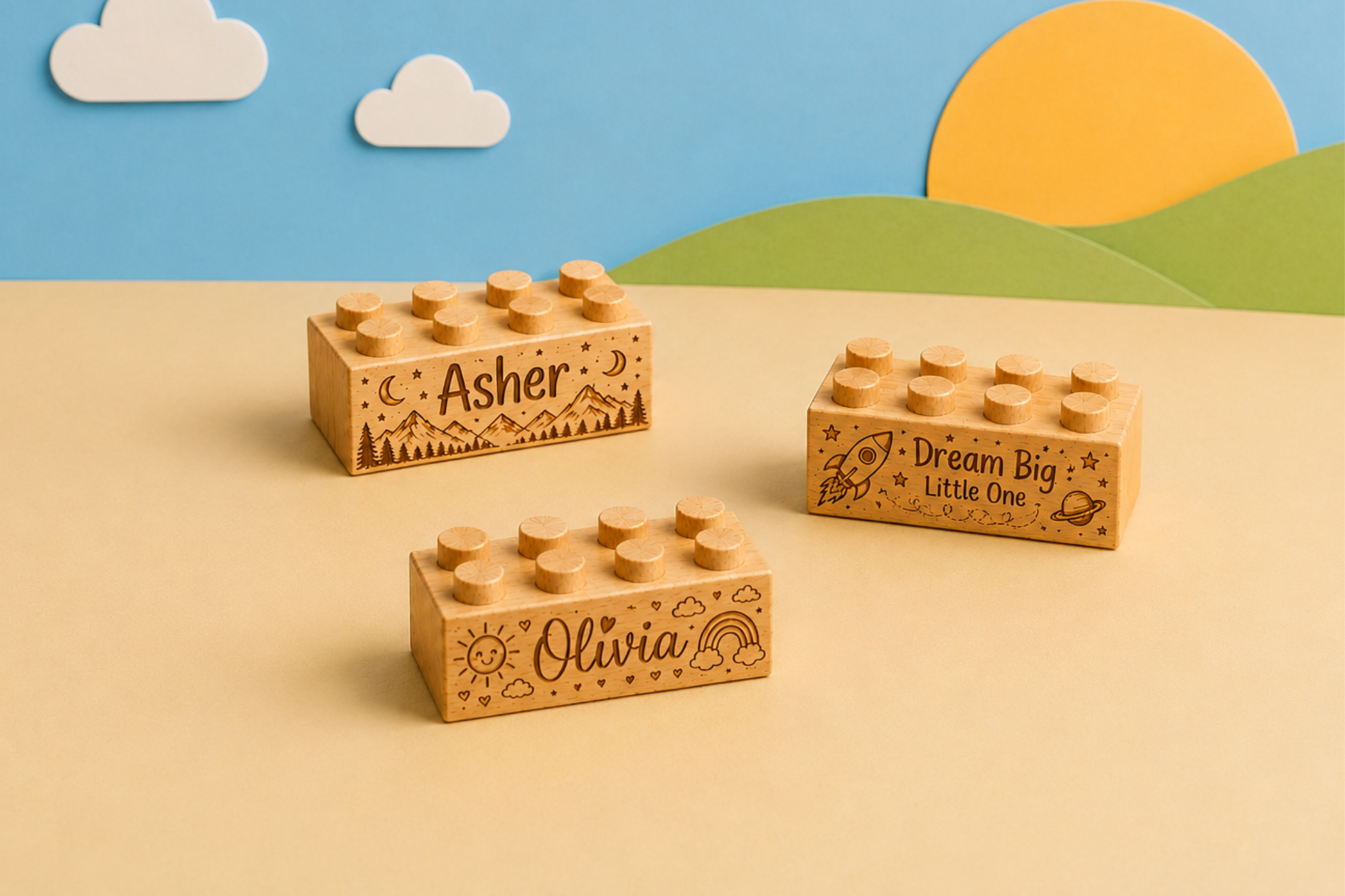 Three wooden bricks engraved with Asher and mountains, Olivia and a rainbow, and Dream Big Little One with space artwork, against a colorful sun-and-hills backdrop.